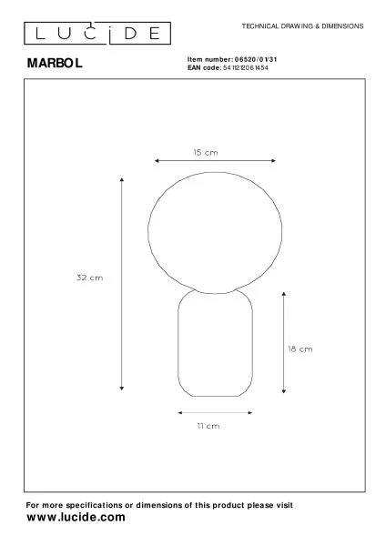 Lucide MARBOL - Table lamp - Ø 15 cm - 1xE27 - White - technical